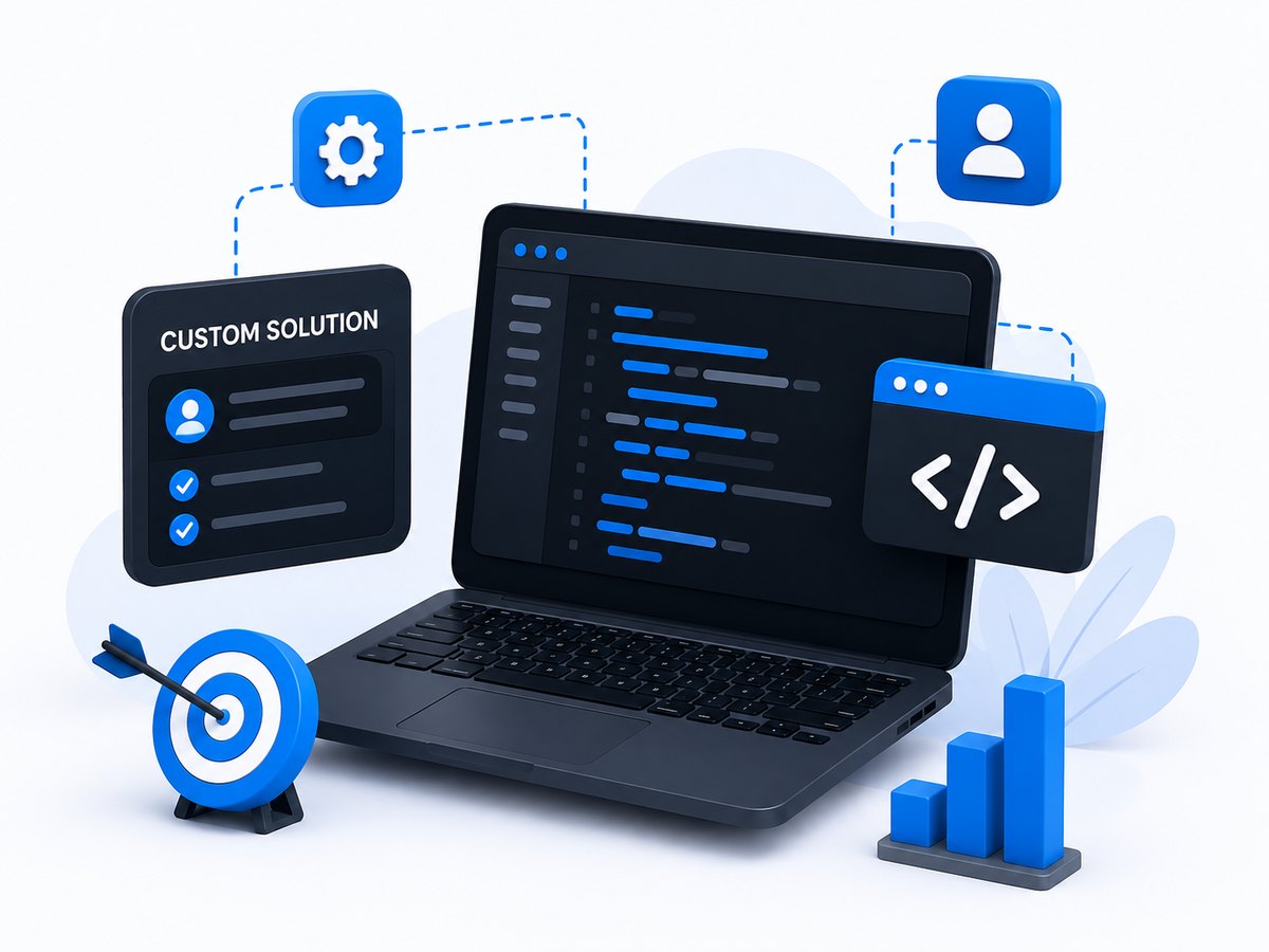 Custom software development — code editor, custom solution panel, and analytics