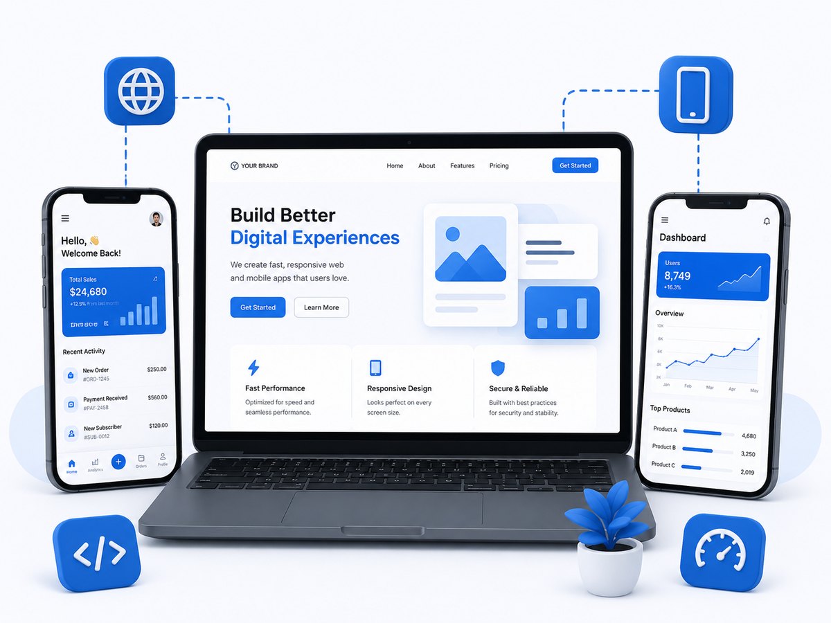 Web and mobile app development — responsive dashboards on laptop and phones